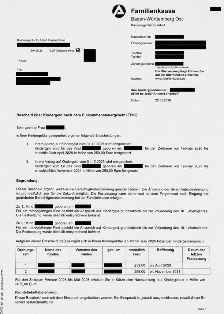         Decizie Familienkasse aprobare transfer Kindergeld și plată retroactivă